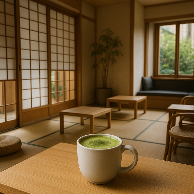 Matcha latte minimaliste dans un salon de thé japonais en France avec shoji et jardin